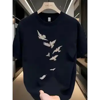 20/1 Penye Compack Özgür kuşlar Baskılı Baskılı Oversize Bisiklet Yaka T-shirt - Beyaz