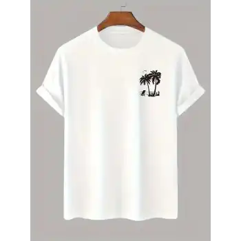 20/1 Penye Compack Palmiye Baskılı Oversize Bisiklet Yaka Kısa Kol T-shirt - Beyaz