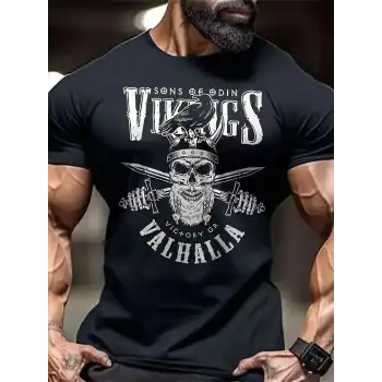 20/1 Penye Compack Vikings Valhalla Baskılı Oversize Bisiklet Yaka T-shirt - Siyah