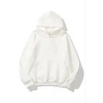 3 İplik Pamuklu Unisex Kapşonlu Sweetshirt - Beyaz