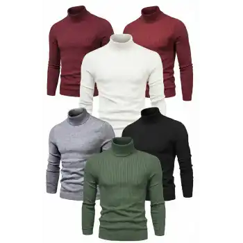 6lı Siyah, Beyaz, Bordo, Gri, Haki Unisex Kaşkorse Boğazlı Full Likralı Fitilli Body Kazak