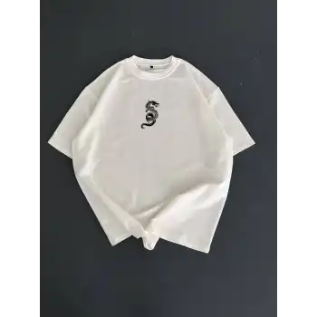 Baskılı Oversize Bisiklet Yaka T-shirt - Beyaz