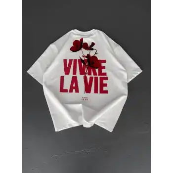 Baskılı Oversize Bisiklet Yaka T-shirt - Beyaz