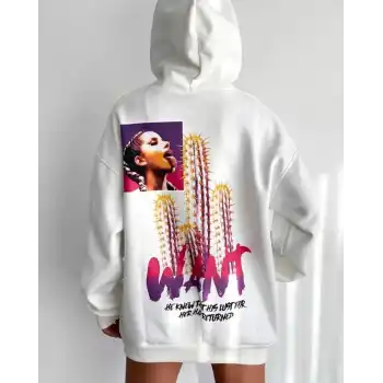 Baskılı Üç İplik Kapüşonlu Oversize Sweatshirt - Beyaz