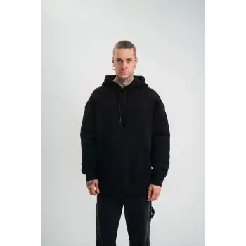 Double Oversize Kapşonlu Nakışlı SweatShirt - Siyah