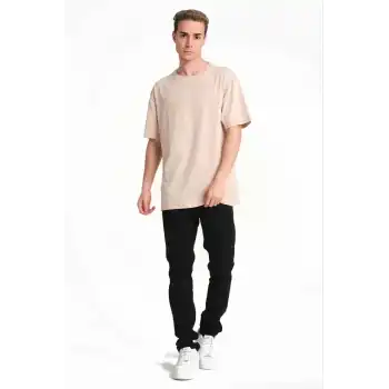 Erkek 24/1 Düz A Kalite Oversize T-shirt - Bej