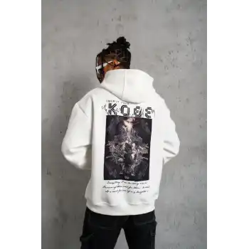 Erkek Baskılı Kapüşonlu Sweat - Beyaz