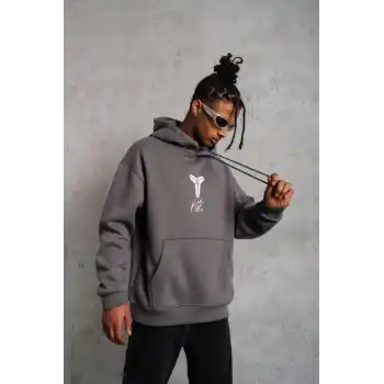 Erkek Baskılı Kapüşonlu Sweat - Gri