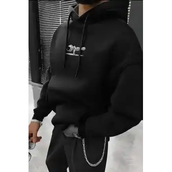 Erkek Baskılı Kapüşonlu ve Kordon İpli Sweat - Siyah
