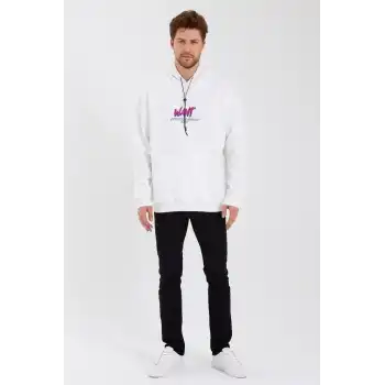 Erkek Baskılı Üç İplik Kapüşonlu Oversize Sweatshirt - Beyaz