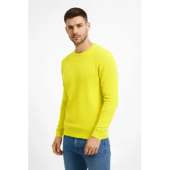 Erkek Bisiklet Yaka Petekli dokulu Triko Kazak Pamuklu ince Dokuma, uzun kollu Rahat Regular kalıp - Sarı