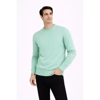 Erkek Bisiklet Yaka Triko Kazak yumuşak dokulu Pamuklu ince Dokuma, uzun kollu Rahat Regular kalıp - Mint Yeşili