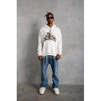 Erkek DANKES Baskılı Kapüşonlu Sweat - Beyaz
