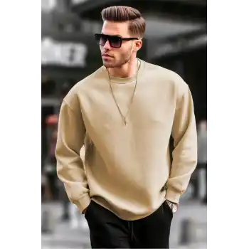 Erkek Düz Bisiklet Yaka Sweat - Bej
