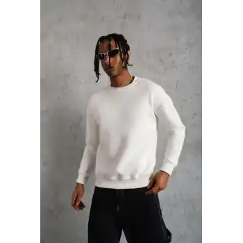 Erkek Düz Bisiklet Yaka Sweat - Beyaz