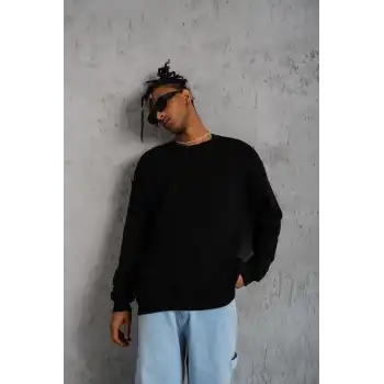 Erkek Düz Bisiklet Yaka Sweat - Siyah