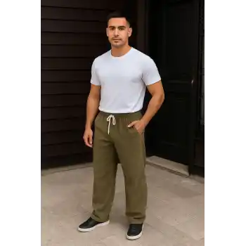 Erkek Fitilli Kadife Cepli Buggy Pantolon Oversize Rahat Kalıp - Haki