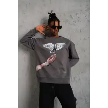 Erkek Güvercin Baskılı Sweatshirt - Gri