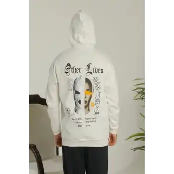Erkek Kapşonlu Sweatshirt – Oversize Üç İplik Şardonlu Hoodie, “Other Lives” Ön & Arka Baskılı, Kanguru Cepli, Kışlık Rahat Günlük Stil - Beyaz