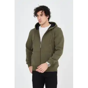 Erkek Kapüşonlu Düz Fermuarlı Hırka - Yeşil