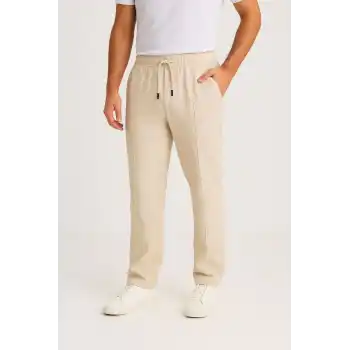 Erkek Keten Pantolon – Cepli, Beli Lastikli ve Bağcıklı, Nefes Alan Rahat Kalıp, Yazlık ve Baharlık Günlük Giyim, Şık & Konforlu Boru Paça Model - Bej