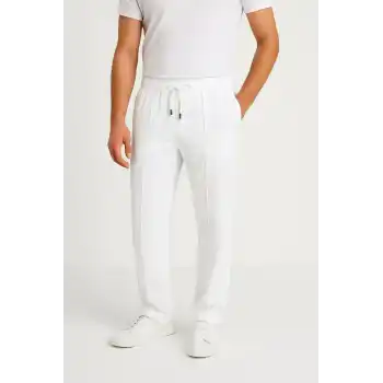 Erkek Keten Pantolon – Cepli, Beli Lastikli ve Bağcıklı, Nefes Alan Rahat Kalıp, Yazlık ve Baharlık Günlük Giyim, Şık & Konforlu Boru Paça Model - Beyaz