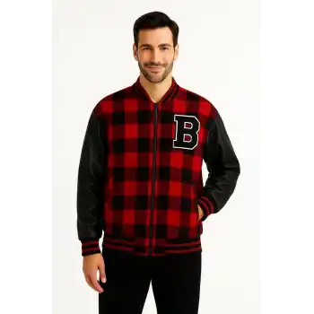 Erkek Kolej Ceket – Kareli Oduncu Kumaş, Kolları Suni Deri, Fermuarlı, İçi Kapitone Astarlı, Nakışlı Oversize Bahar & Kış Stil - Bordo