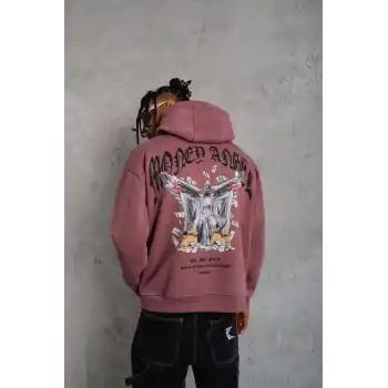 Erkek Kordon İpli Baskılı Kapüşonlu Sweatshirt - Gül Kurusu