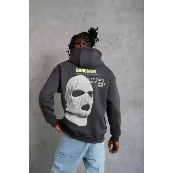 Erkek Kordonlu Maske Baskılı Kapşonlu Sweat - Gri