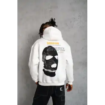 Erkek Kordonlu Maske Baskılı Kapüşonlu Sweat - Beyaz