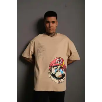 Erkek Mario Baskılı Oversize T-Shirt - Bej
