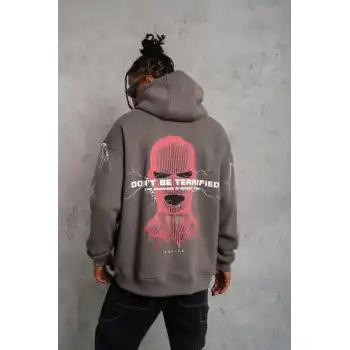 Erkek Maske Baskılı Kapüşonlu Sweat - Gri