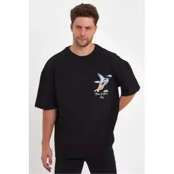 Erkek Melek Baskılı Oversize T-shirt - Siyah