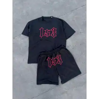 Erkek Nakış İşlemeli Şortlu Takım - Siyah