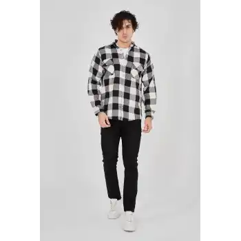 Erkek Oduncu Gömlek – Uzun Kollu, Şardonlu Kumaş, Kareli Desen, Regular Fit, Manşetli, Çift Cepli, Rahat Günlük Bahar & Kış Stil - Siyah