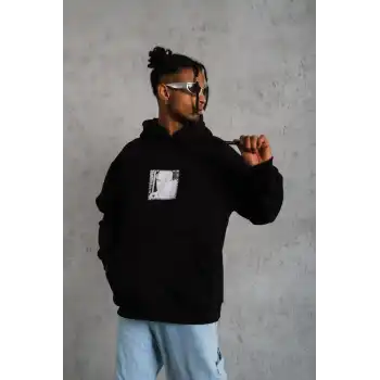 Erkek Ön Arka Baskılı Kapşonlu Sweat - Siyah