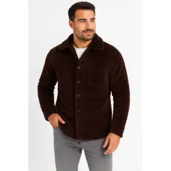 Erkek Pelüş Polar Hırka Gömlek – Yakalı, İlik Düğmeli, Göğüs Cepli, Yumuşak Dokulu Kışlık Regular Fit Rahat Günlük Model - Kahverengi