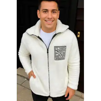 Erkek Polar Fermuarlı Sweatshirt – Kapüşonsuz, Cepli, Yumuşak Dokulu, Oversize Rahat Kalıp, Kışlık Sıcak Tutan Fermuarlı Üst - Beyaz