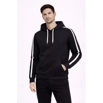 Erkek Şeritli Kapüşonlu Sweatshirt Oversize 3 iplik Pamuklu - Siyah