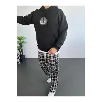 Erkek Sırt Baskılı Kapüşonlu Üç İplik Oversize Sweatshirt - Siyah