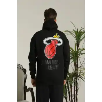 Erkek Sırt Baskılı Oversize Üç İplik Kapüşonlu Sweatshirt - Siyah