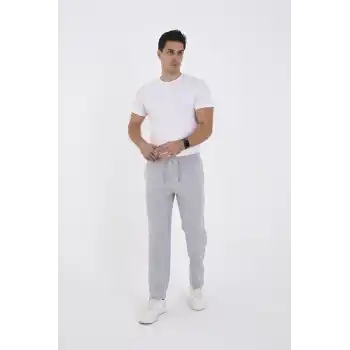 Erkek Üç İplik Basic Eşofman Boru Paça İpli Pantolon - Gri