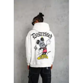 Erkek Üç İplik Baskılı Kapüşonlu Sweat - Beyaz