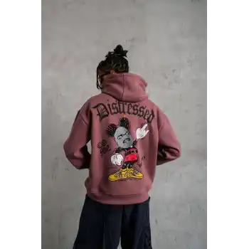 Erkek Üç İplik Baskılı Kapüşonlu Sweat - Gül Kurusu