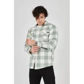 Erkek Uzun Kollu Oduncu Gömlek - Mint yeşili