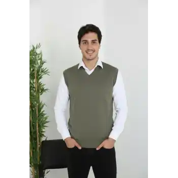 Erkek V Yaka Kolsuz Süveter Triko Kazak yumuşak dokulu Pamuklu ince Dokuma Rahat Regular kalıp - Haki