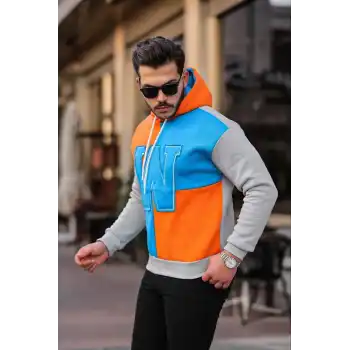 Erkek W Nakış İşlemeli Kapüşonlu Sweatshirt - Mavi