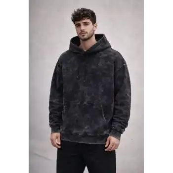 Erkek Yağ Yıkamalı Kapşonlu Double Oversize Üç İplik Pamuklu Sweatshirt - Siyah