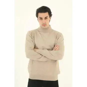 Erkek Yarım Balıkçı Yaka Triko Kazak - Bej