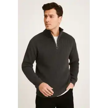 Erkek Yarım Fermuarlı Triko Kazak – Selanik Örgü, Dik Yaka, Pamuklu Dokuma, Regular Fit Uzun Kollu Kışlık Model - Füme